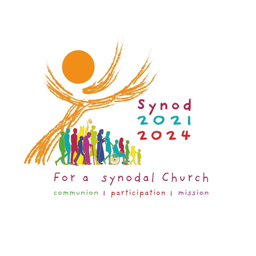 A group of people walking together with the title, "Synod 2021 2024 / For a Synodal Church / Communion / Participation / Mission