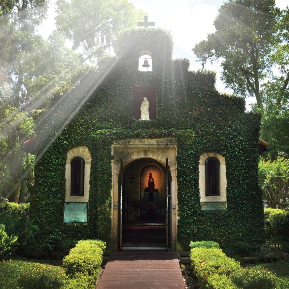 A church covered in greenery backlit by the Sun