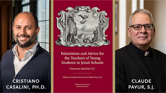 An image of Cristiano Casalini and Claude Pavur with the cover of their new publication, "Exhortation and Advice for the Teachers of Young Students in Jesuit Schools"