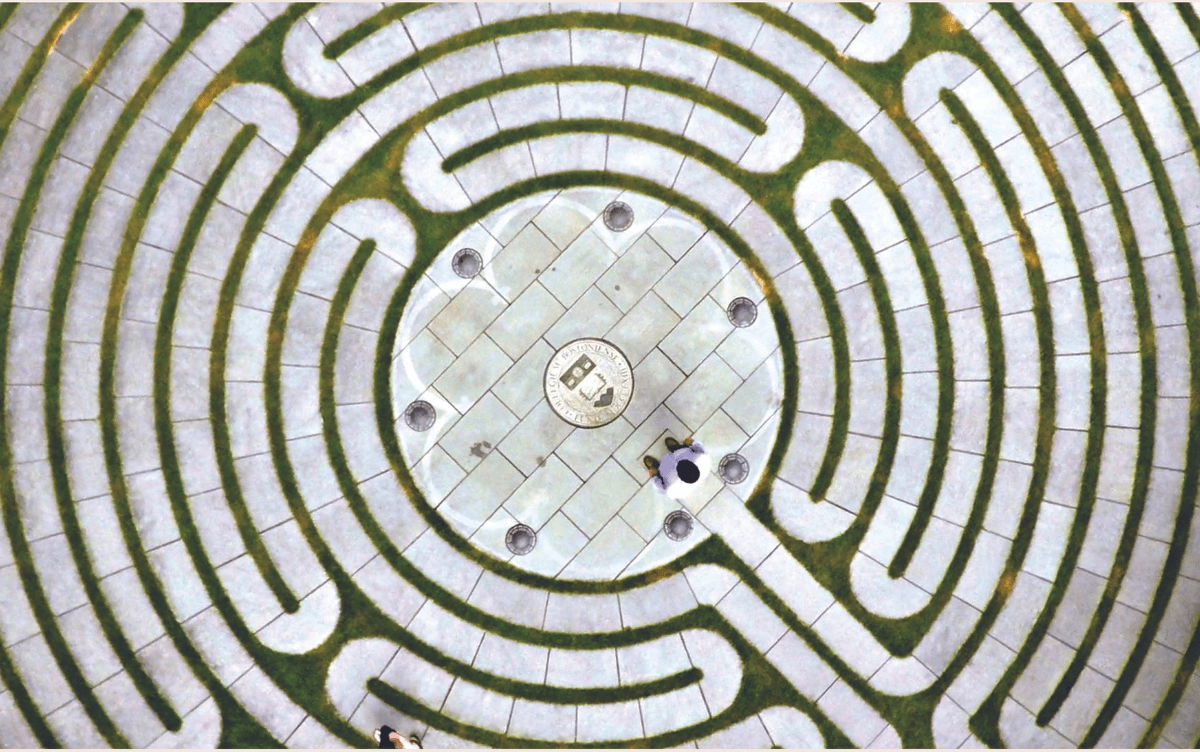 overhead view of the memorial labyrinth on the lawn of Burns Library at Boston College