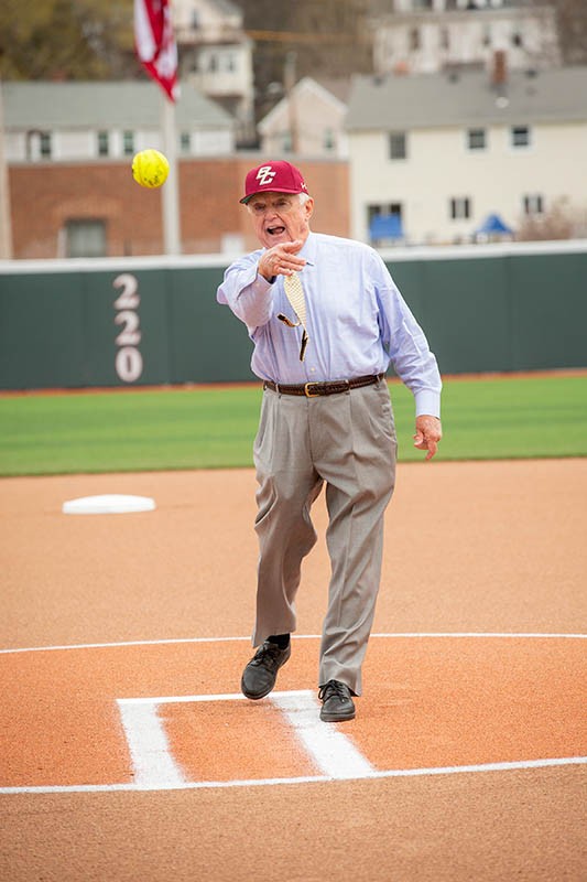 John Harrington throws a baseball towards a camera.