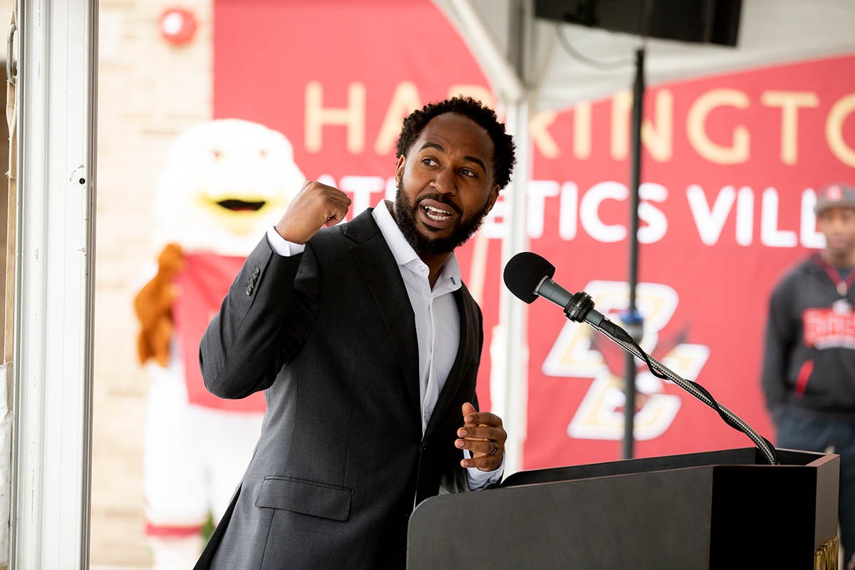 Martin Jarmond speaks to a crowd