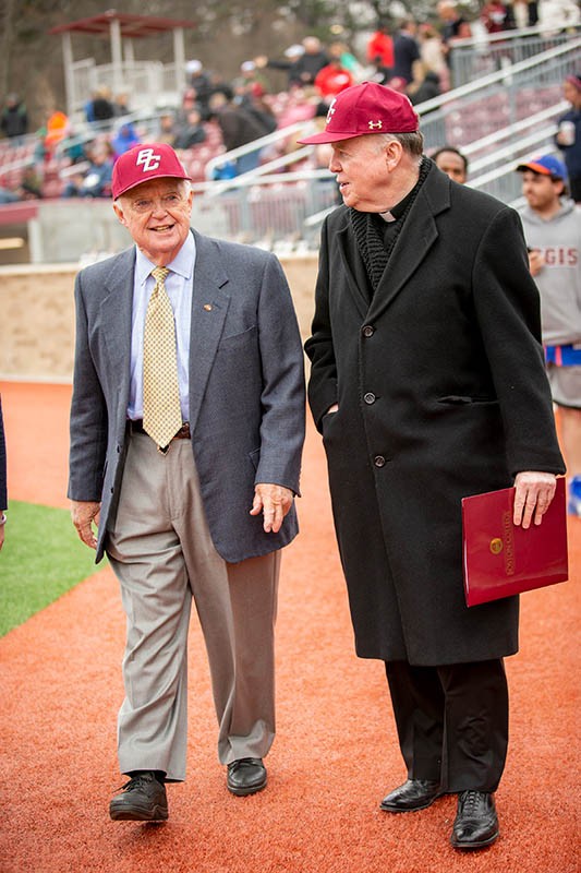 John Harrington walking with William P. Leahy, S.J.