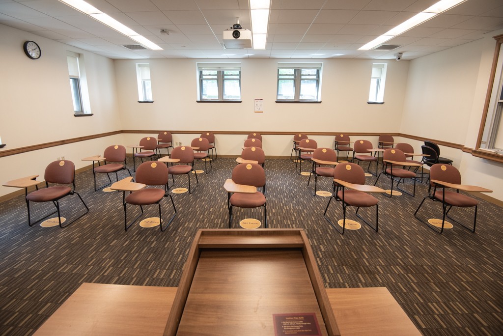 Photo of Stokes classroom with physical distancing signage