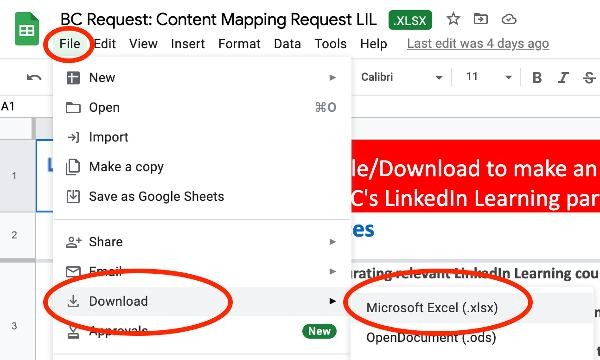 screen shot showing File/Download/Microsoft Excel path to download a file.