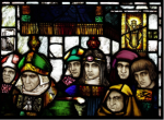 Stained glass image of several men