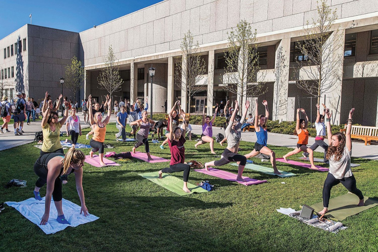 students doing yoga on the O'Neill Plaza