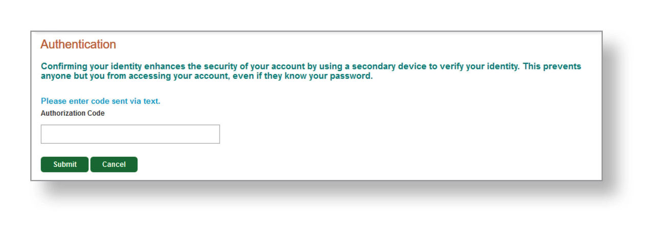 Image of SMS Authentication Code screen