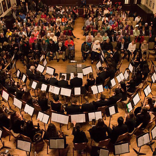 An aerial view of a band performing