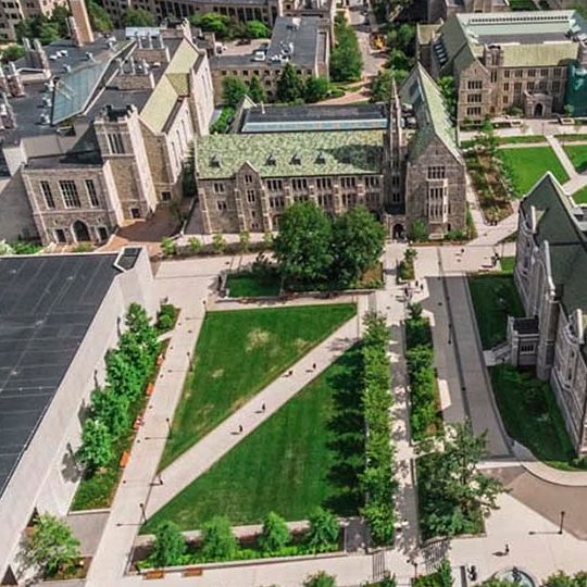 Aerial Drone photography of Gasson Hall and main campus.