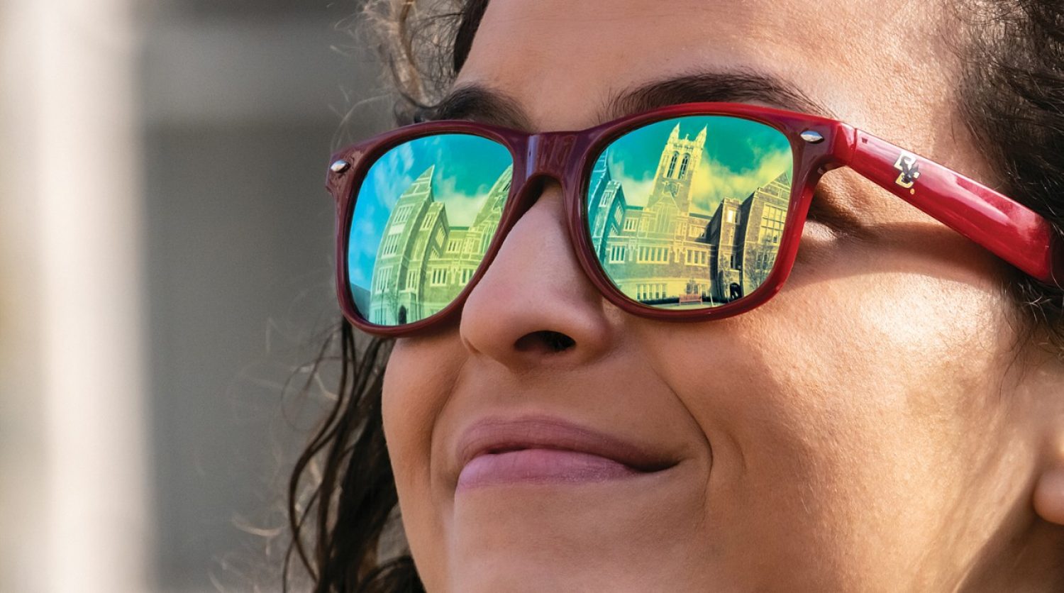 Gasson Hall reflected in sunglasses