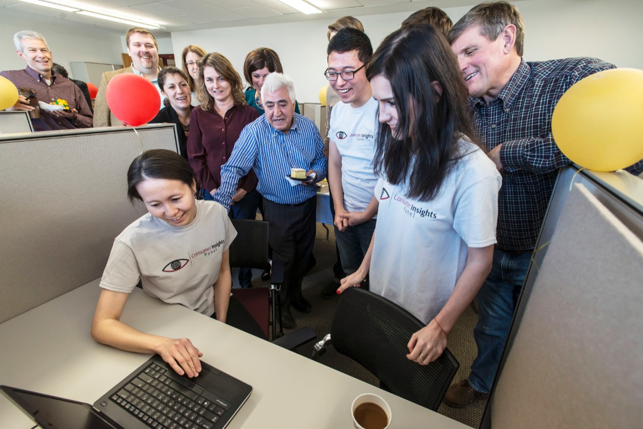 Opening of the new Consumer Insights Panel Lab with co-founders / directors Hristina Nikolova (Assist. Prof - Marketing) and Nailya Ordabayeva (Assist. Prof. - Marketing) both CSOM, and Haewon Yoon, a post-doc researcher in Marketing. All three are wearing Consumer Insight Panel t-shirts. The lab is in Cushing 206 and will be used for testing and research for students and faculty. Photographed for the 1/28 issue of Chronicle.