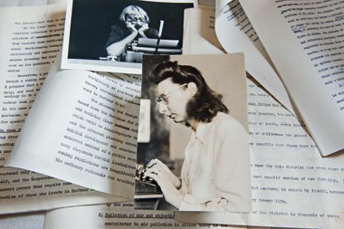 Jacobs at her portable Remington, above, and as a young writer, in undated photographs