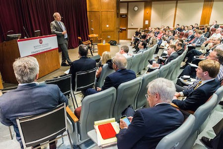 Former Treasury Secretary Lawrence H. Summers speaking to the Carroll School of Management 11th Annual Finance Conference