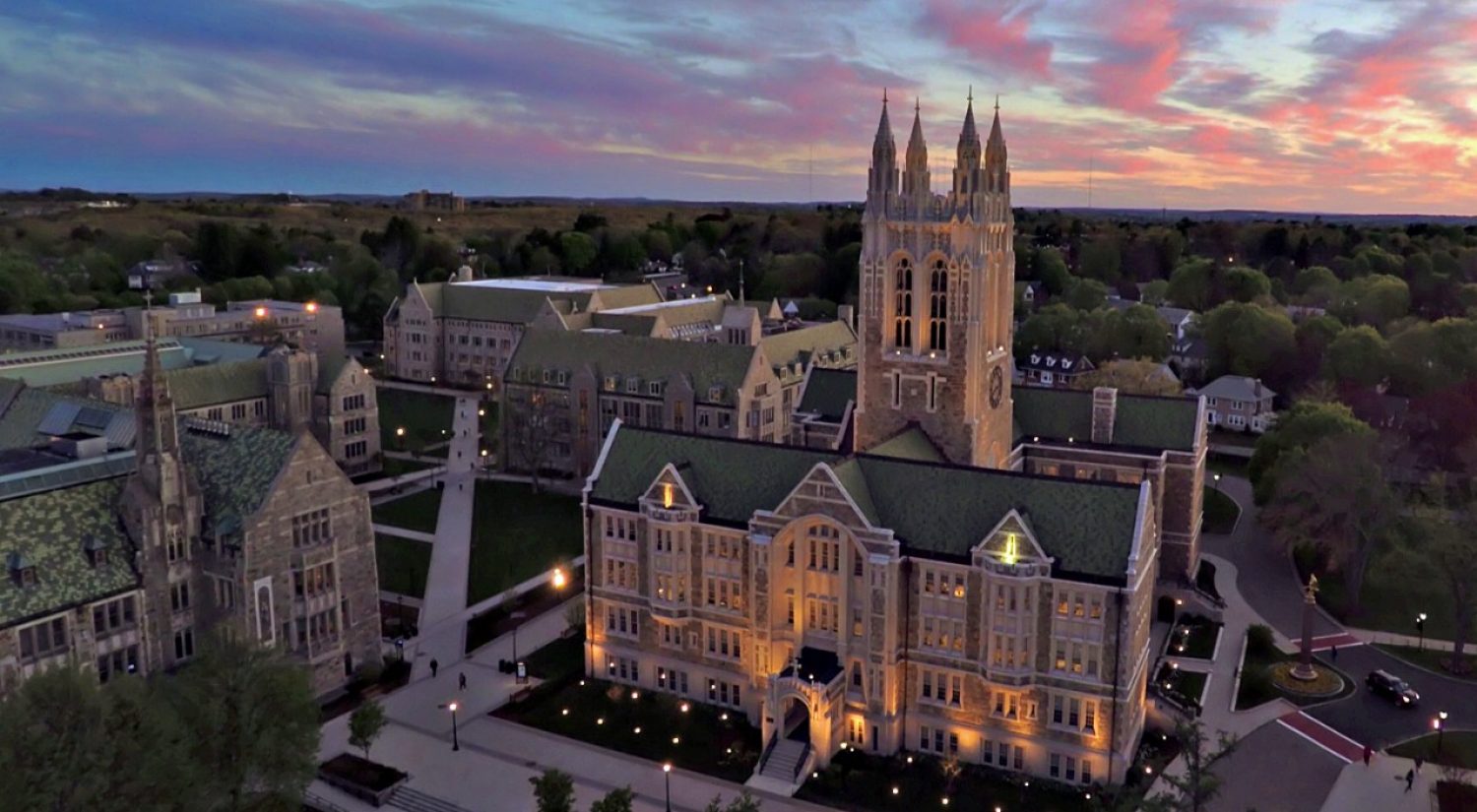 aerial shot of Gasson Hall at sunset