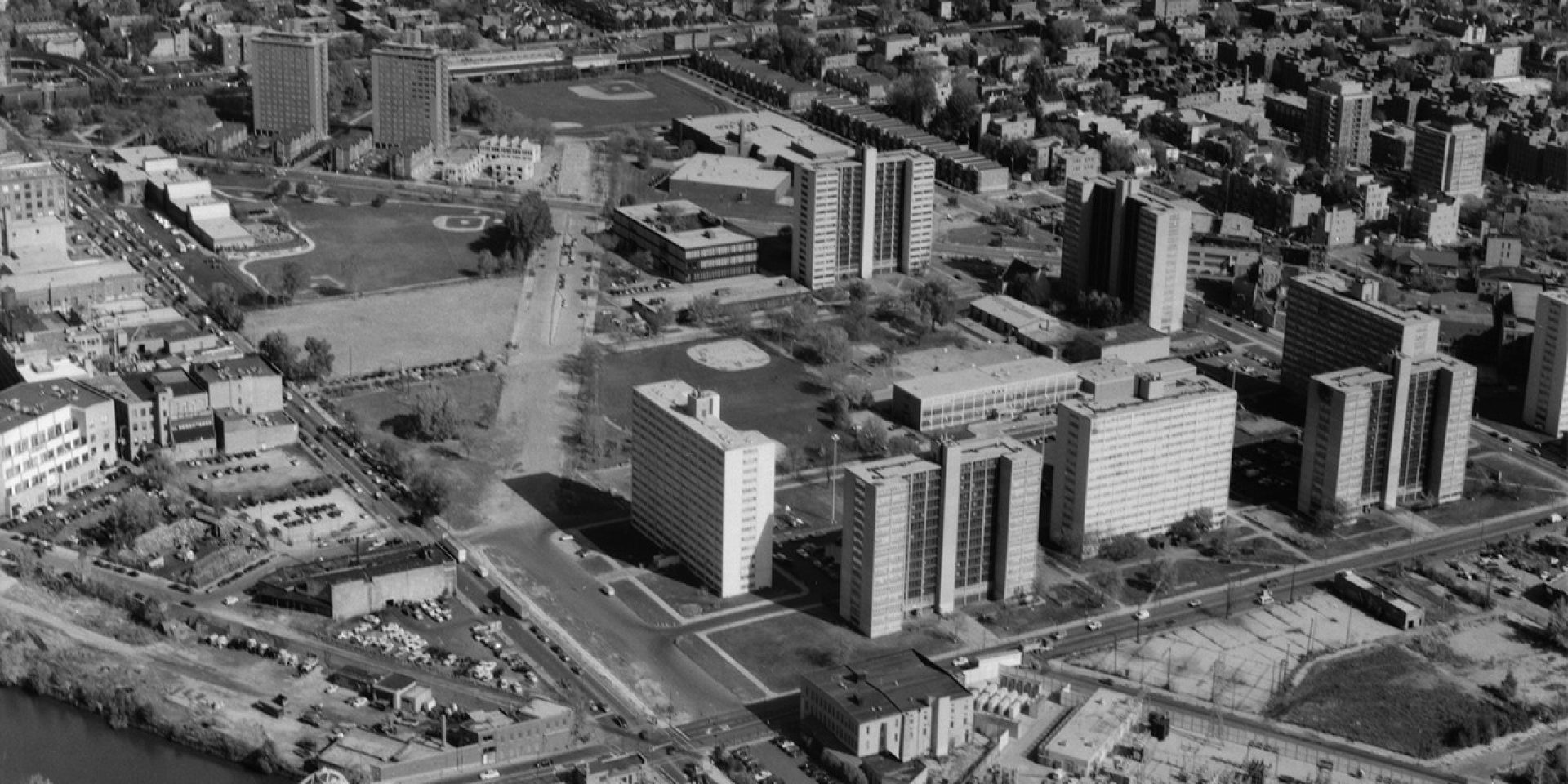 black and white photo of high rise buildings