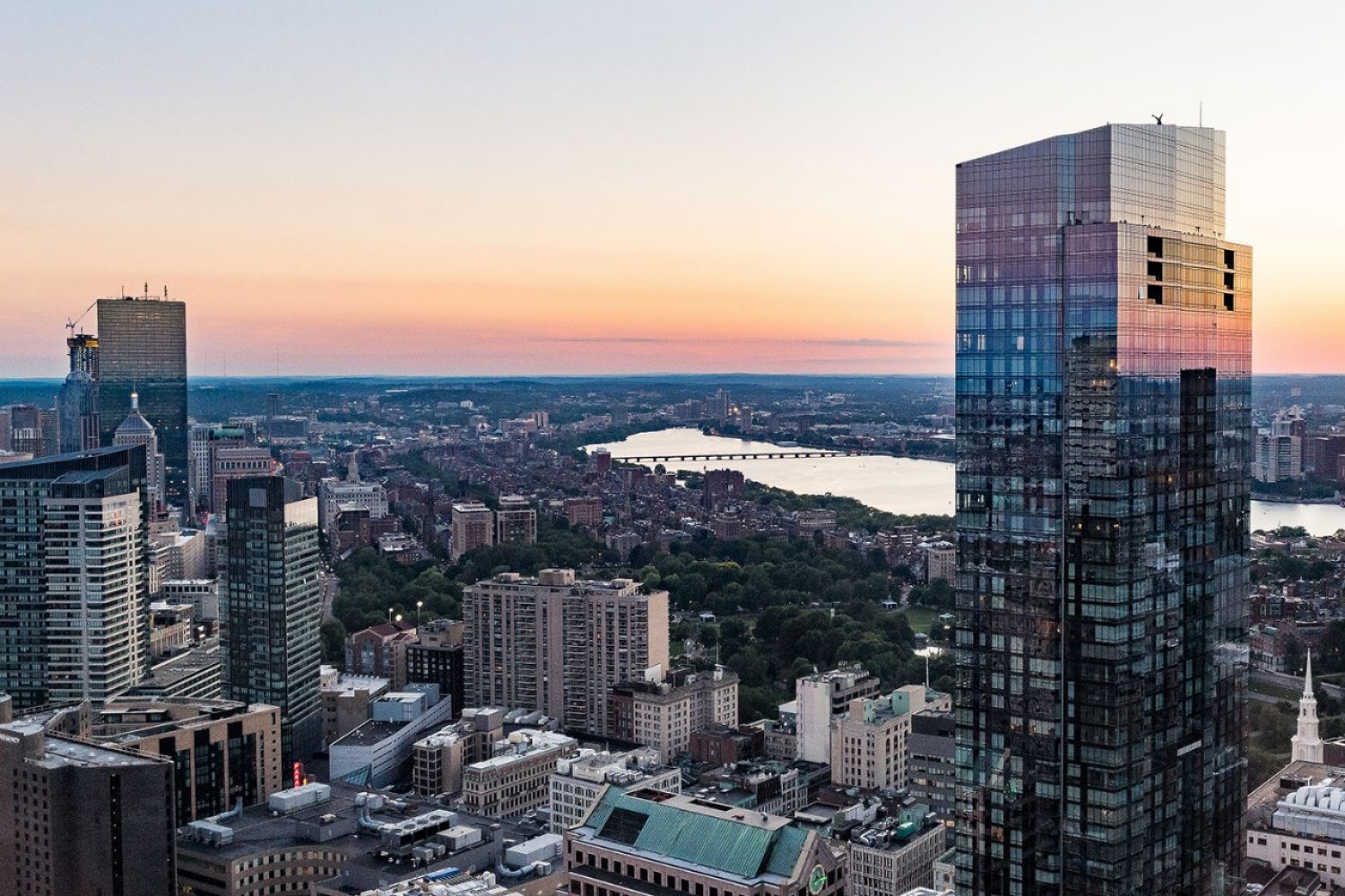 aerial sunset shot of downtown Boston
