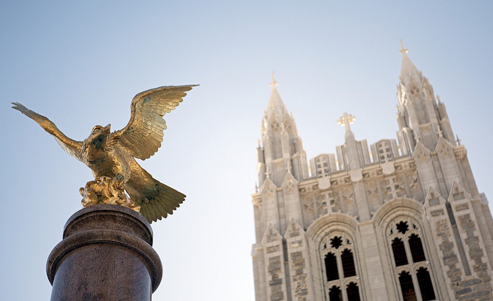 Boston College eagle statue in front of Gasson Hall