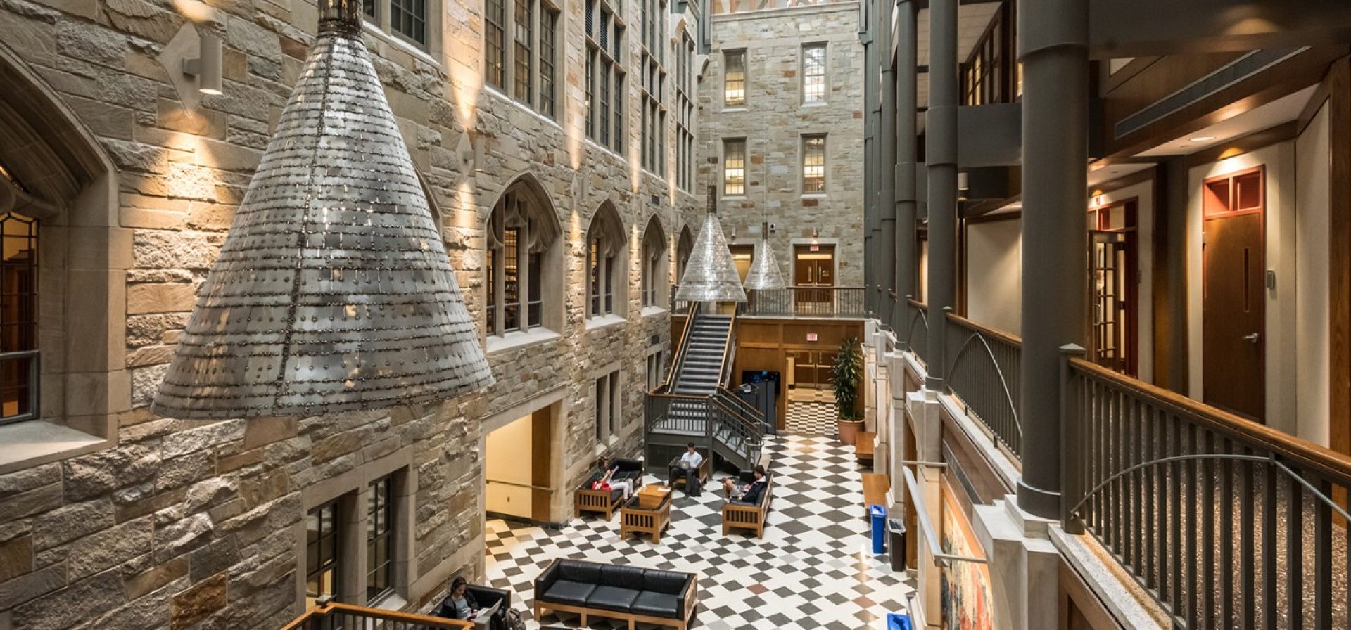 closeup shot of the Fulton Atrium chandeliers