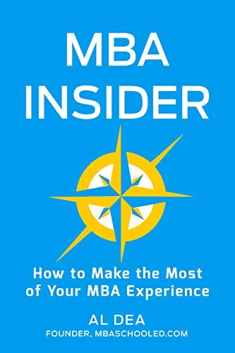 The cover of MBA Insider, a blue cover with white text and a stylized compass in the center 