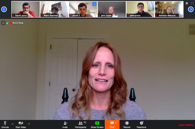Lindsay LoBue '96 on a Zoom chat with the Shea Center for Entrepreneurship