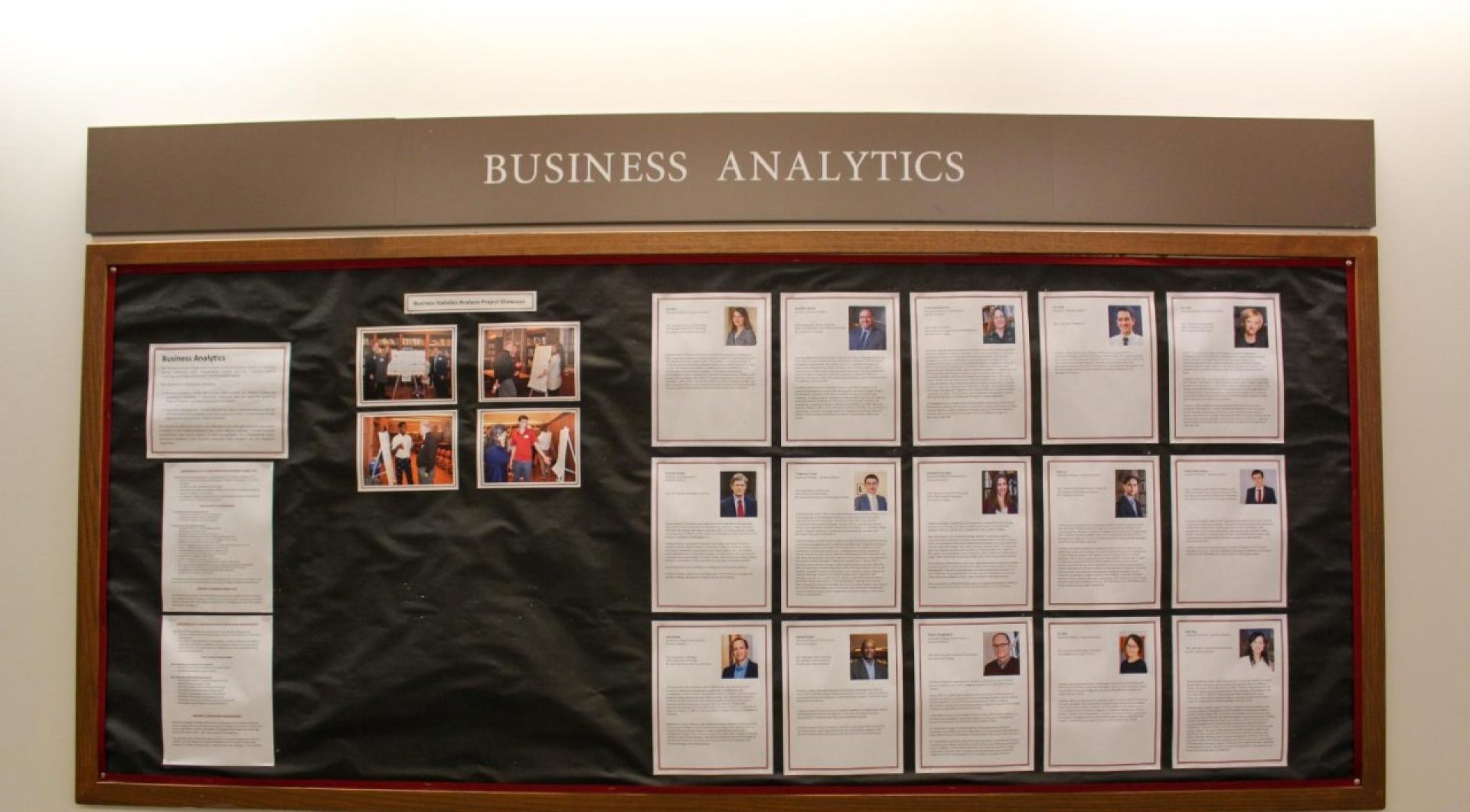 Business Analytics cork board with faculty photos