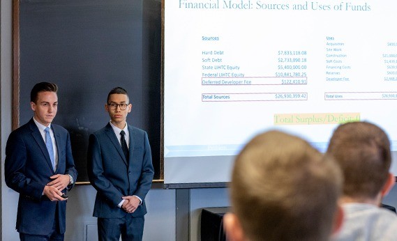 Two college students at the front of a classroom present in the 2019 Corcoran Case Competition