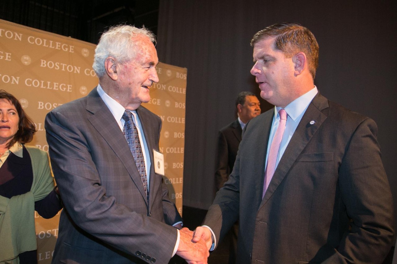 Joe Corcoran shaking Mayor Walsh's hand