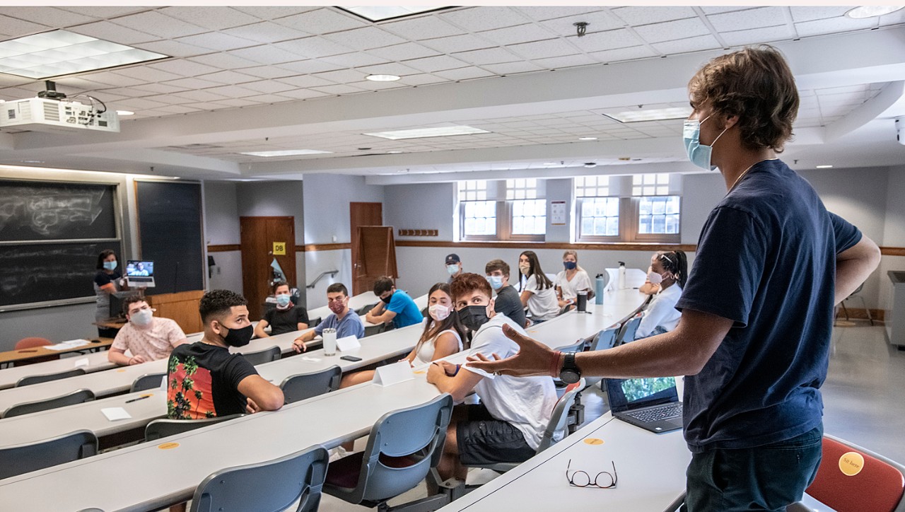 masked students in a classroom