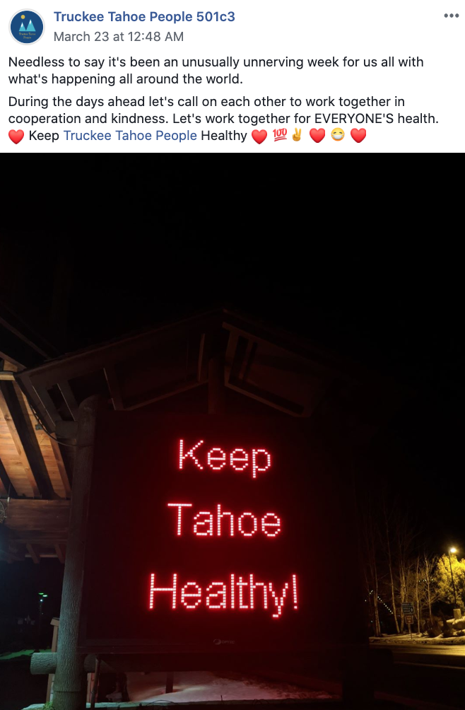 Screenshot from the Truckee Tahoe People facebook page featuring a sign that says "Keep Tahoe Healthy"