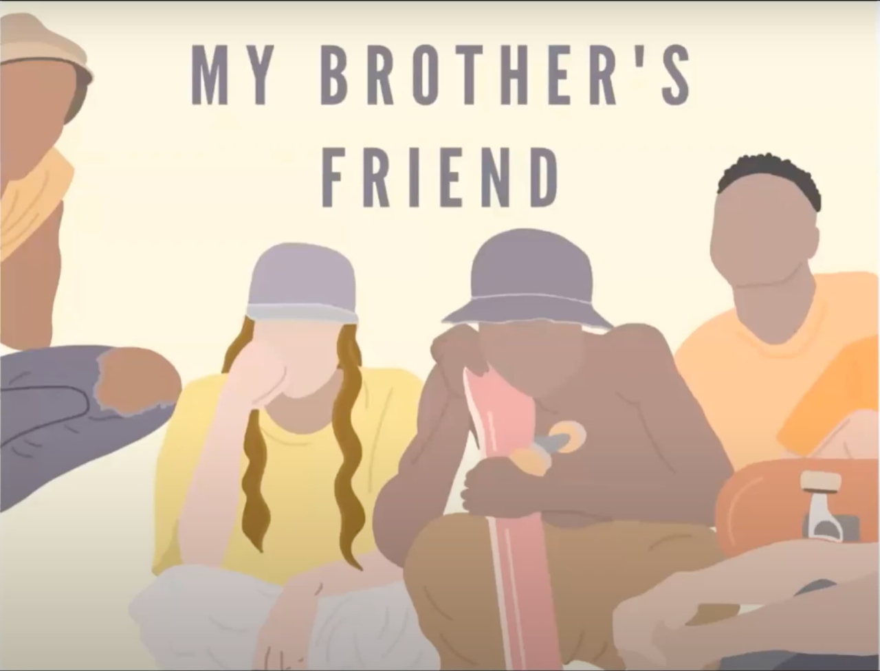 Graphic of four young people in hats and casual clothing with text "My Brother's Friend"