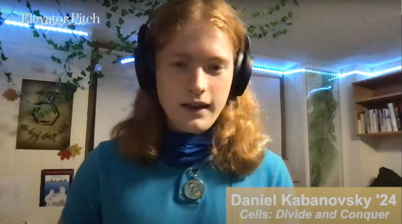 Young man with shoulder-length red hair and headphones on a Zoom call