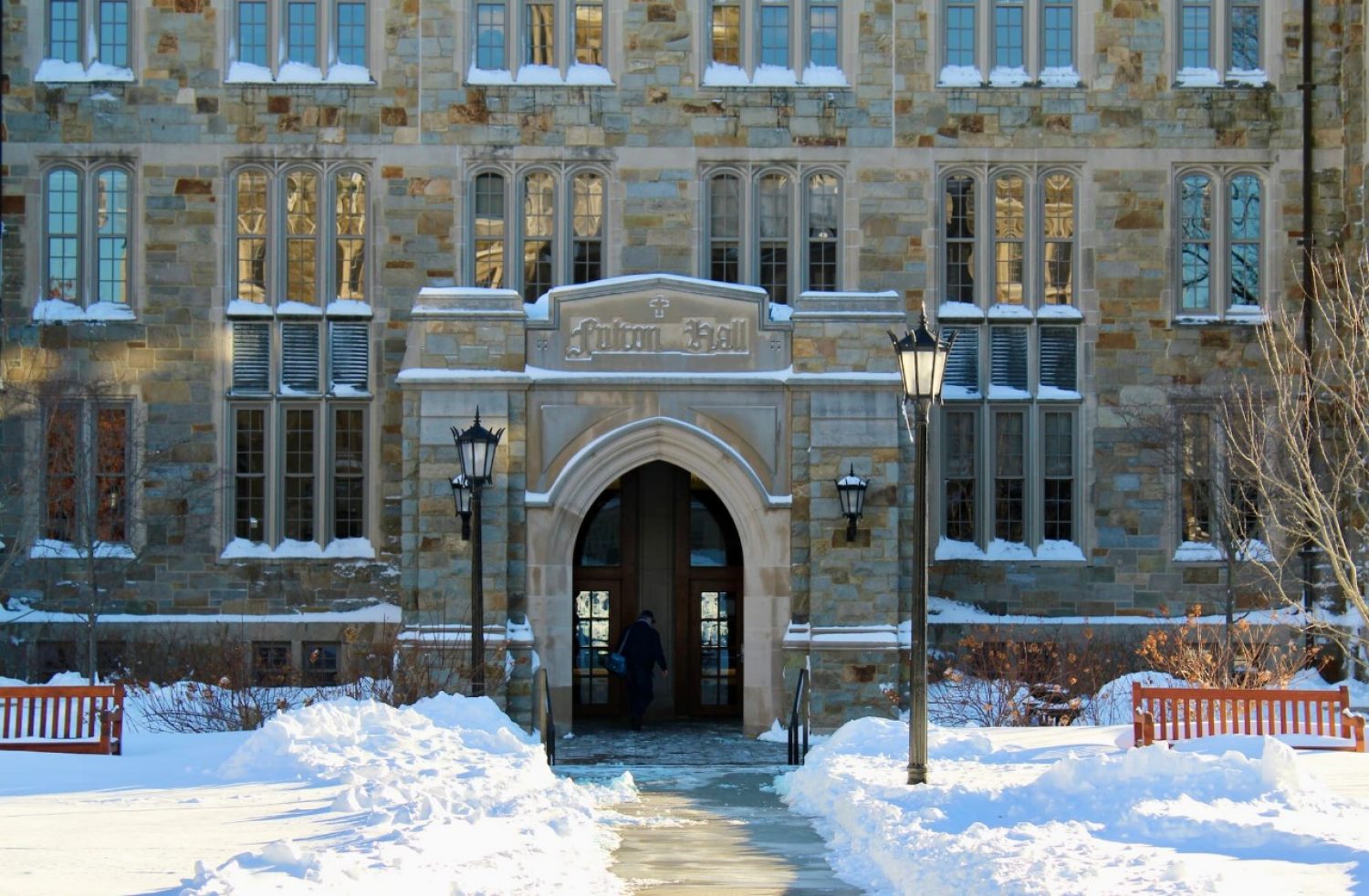 Fulton Hall entryway with snow on the ground