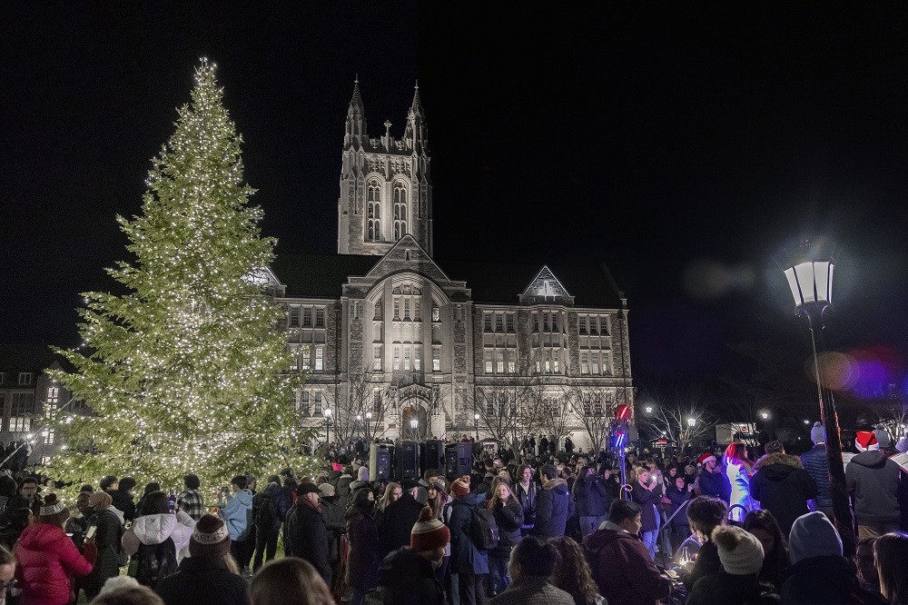 Christmas Tree lighting event in front of Gasson Hall