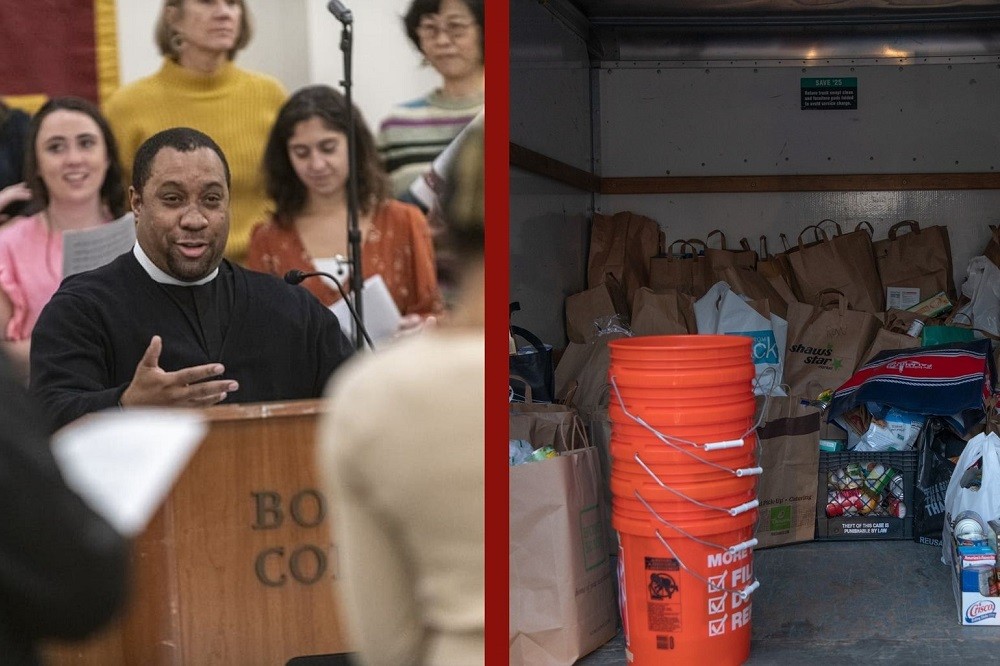 A speaker at the Multifaith Thanksgiving, and an image of donated food in a truck