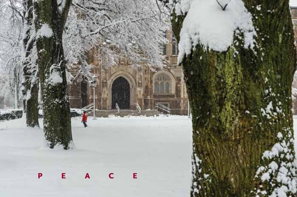 A snowy view of Bapst Library