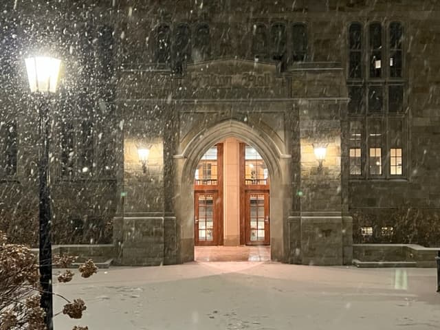 snow outside Fulton at night