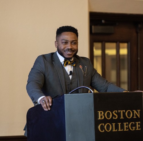 Fleming speaks to Boston College students gathered in Gasson Hall