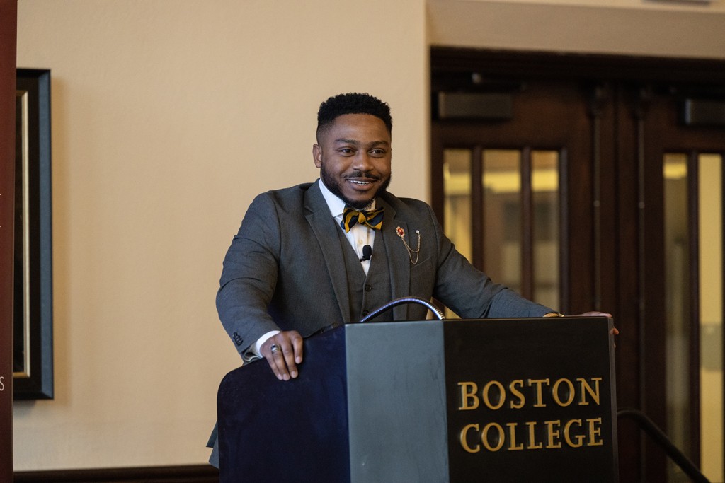 Photo of Brandon P. Fleming speaks to Boston College students