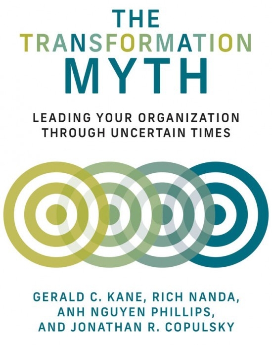 Book cover for The Transformation Myth, featuring 4 overlapping targets in a green-blue gradient
