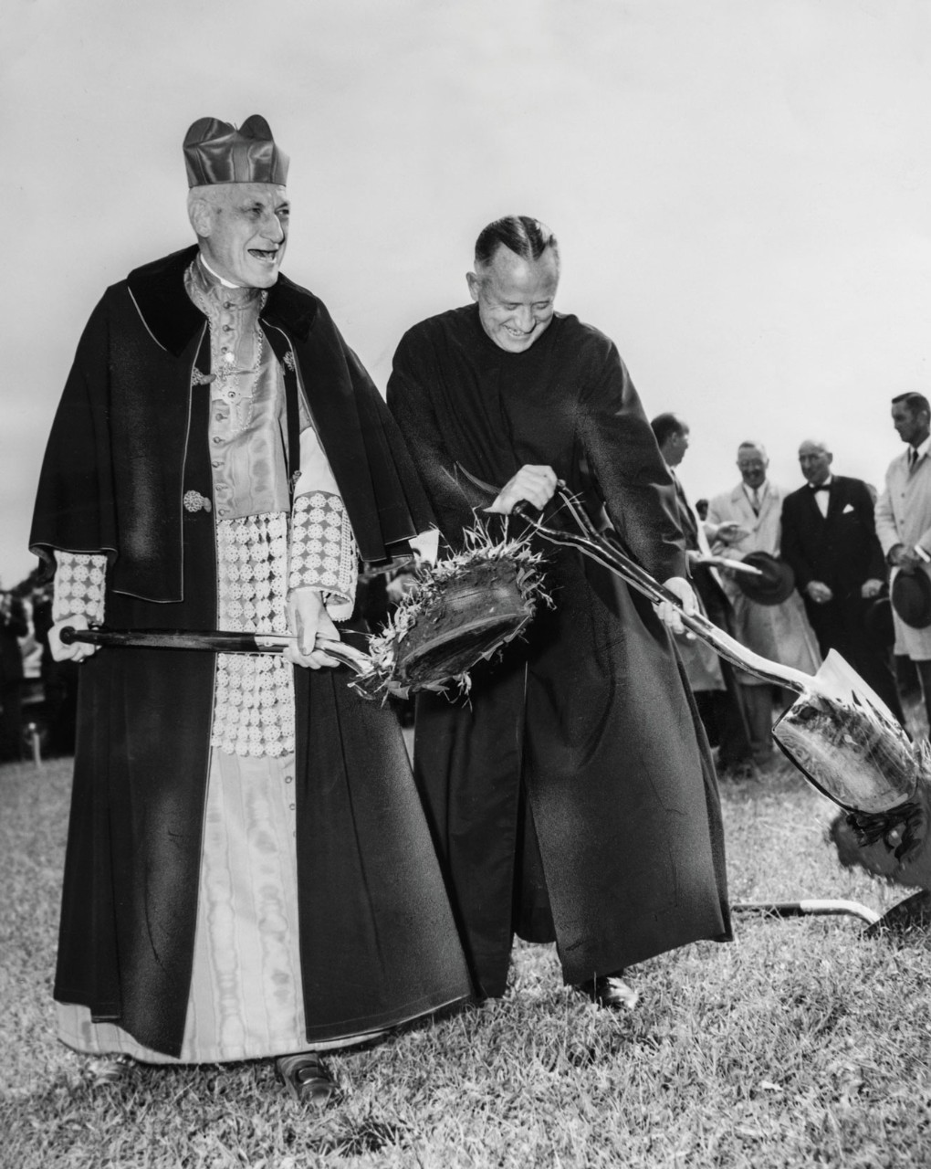 Cardinal Cushing and Fr. Michael P. Walsh breaking ground on Cushing Hall, 1960