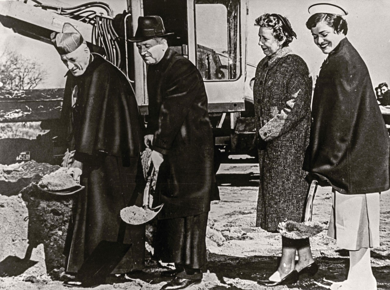 Cardinal Cushing, President Michael P. Walsh, S.J., Dean Rita P. Kelleher and Mary Jane Gibbons Walten ’59 break ground on the new building.