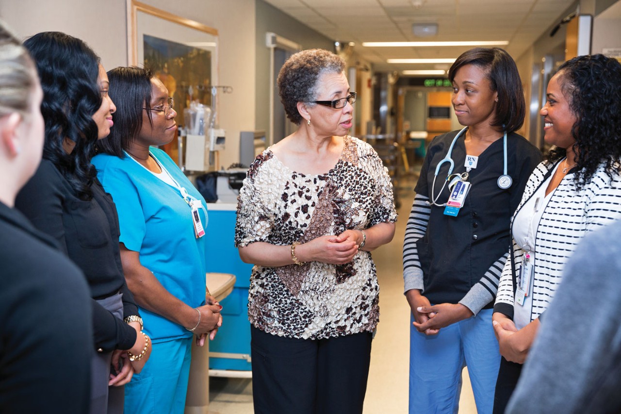 Deborah Washington (center) leads a unit-based training at Massachusetts General Hospital.