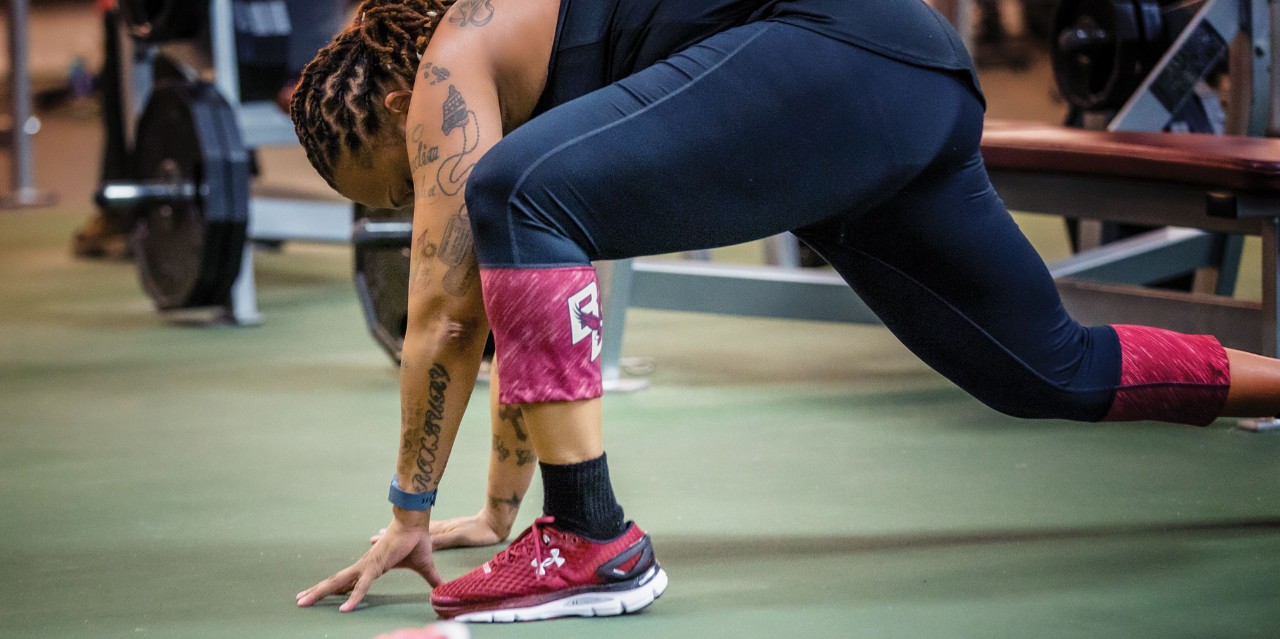 A veteran works out in Boston College's Flynn Recreation Complex
