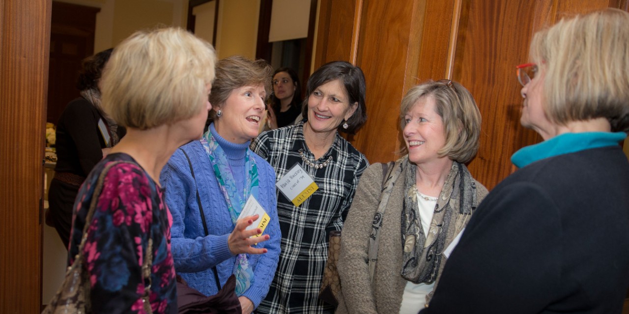 Christine Breen Previtera '79, Katherine Twitchell '79, M.S. '85, Paula Buckley '79, Nancy Murphy '79 talk with Dean Susan Gennaro