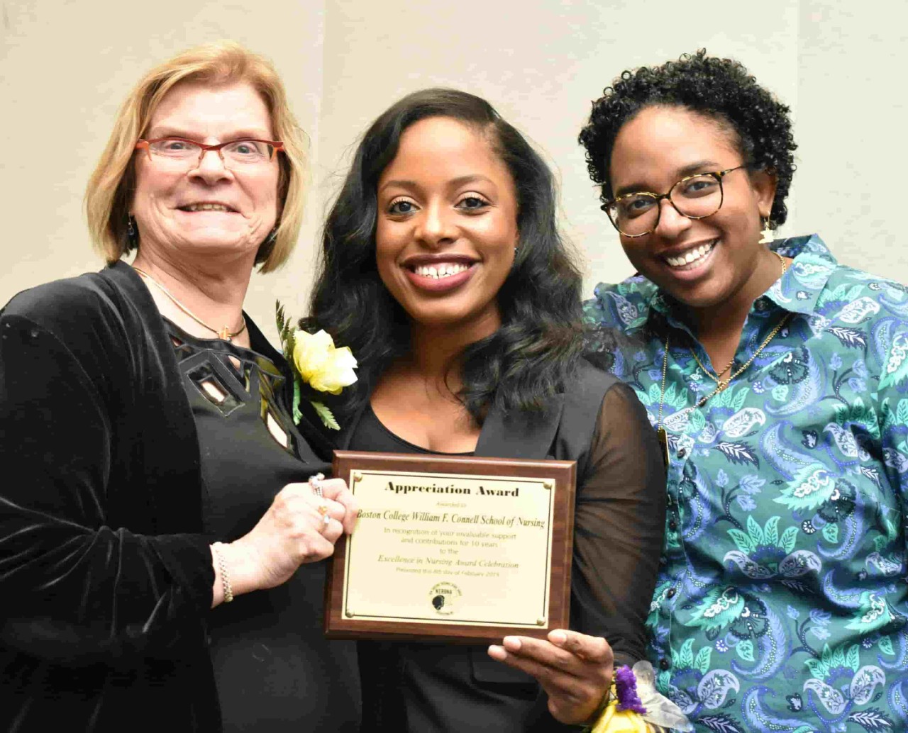 Photo of CSON Dean Susan Gennaro; Sasha DuBois, President of NERBNA; CSON student Amari Harrison '20