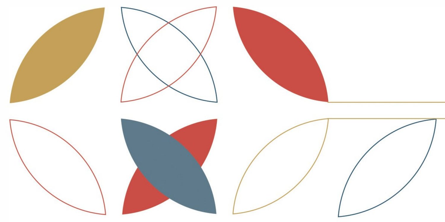 Graphic with two interlocking circles and yellow, red, and blue petals