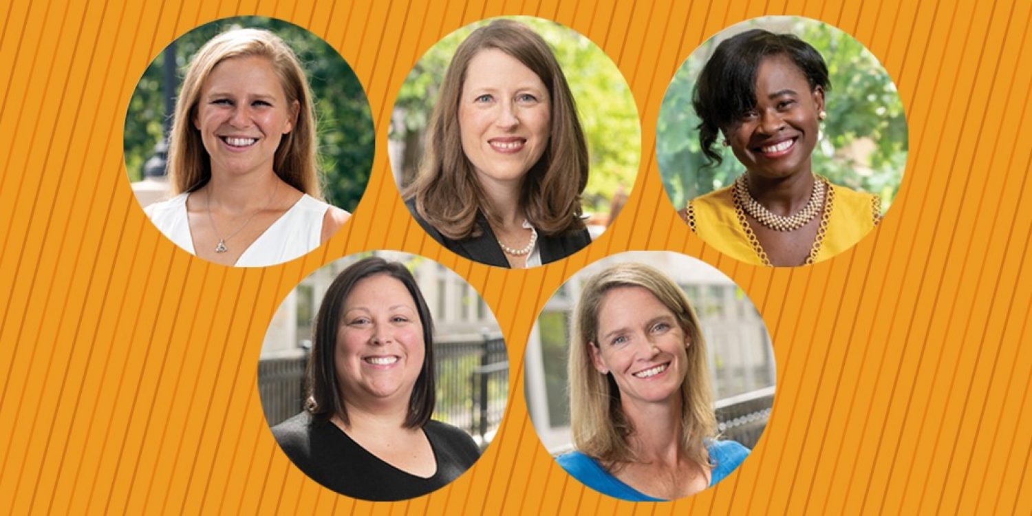 Five new faculty photos arranged in a pyramid on an orange background