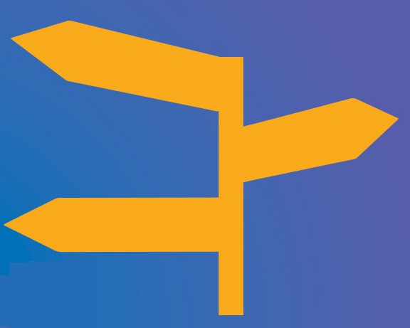 Orange graphic on blue background of signs pointing in different directions