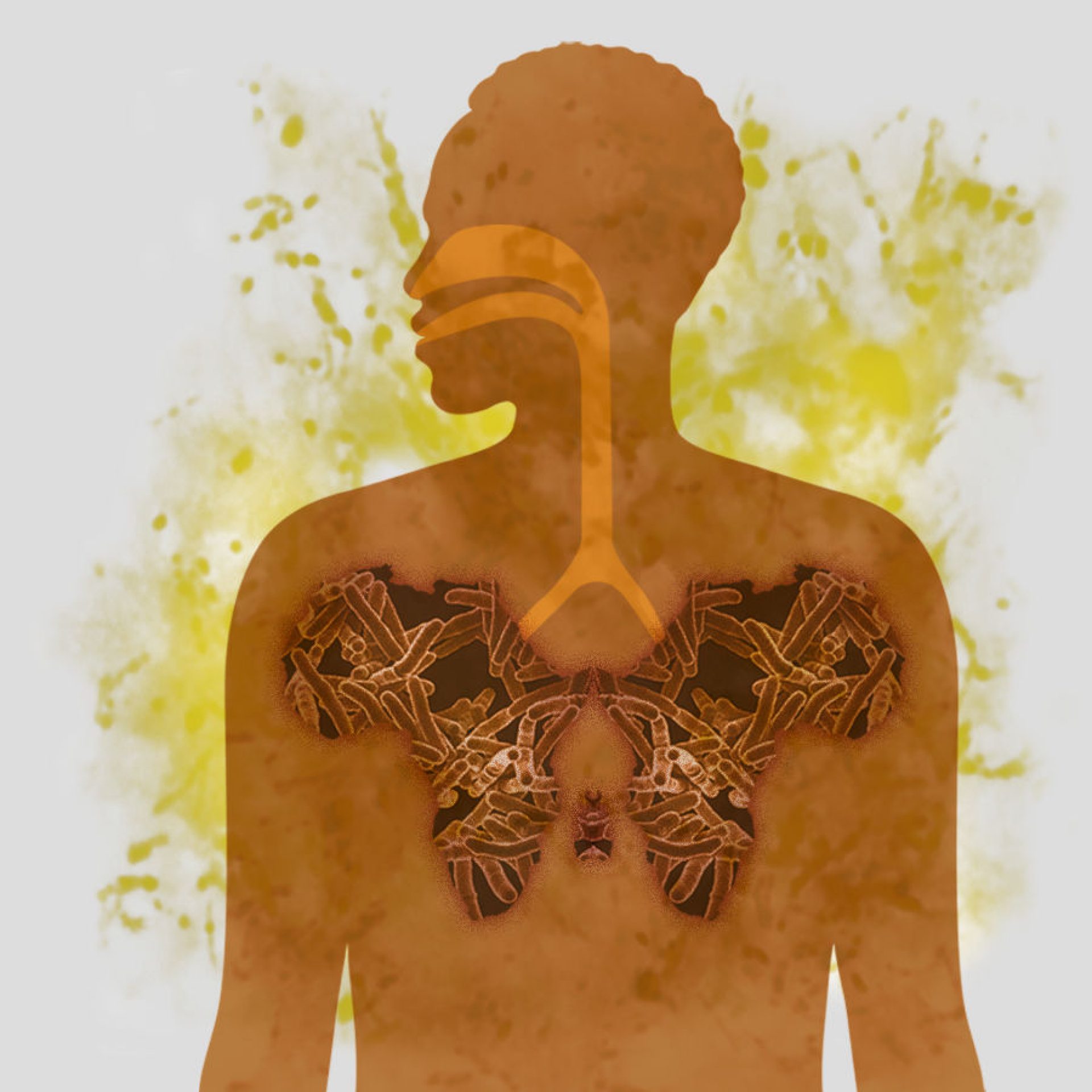 Silhouette of person with lungs shaped like the continent of Africa filled with TB bacteria